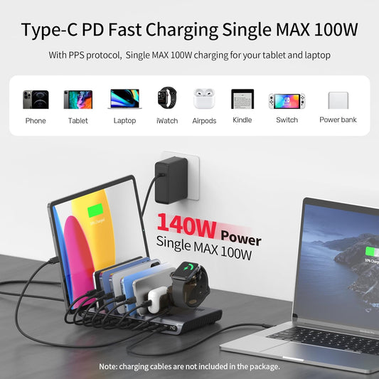 UNITEK 140W USB-C Charging Station for Multiple Devices | Fast Charging Stand with Digital Display | Laptop/iPad/iPhone Charging Dock | Smartwatch & AirPods Holder