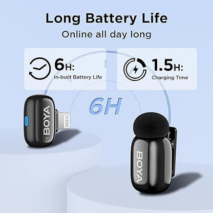 BOYA Mini-16 Ultra-Compact 2.4 GHz Wireless Microphone System | Lightning Connector for iOS | 48 kHz/16-Bit Audio | 6 h Battery