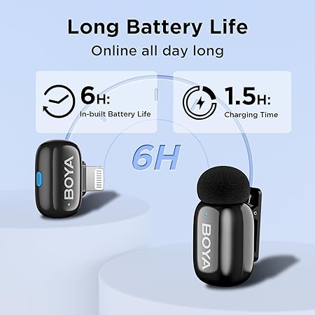 BOYA Mini-16 Ultra-Compact 2.4 GHz Wireless Microphone System | Lightning Connector for iOS | 48 kHz/16-Bit Audio | 6 h Battery