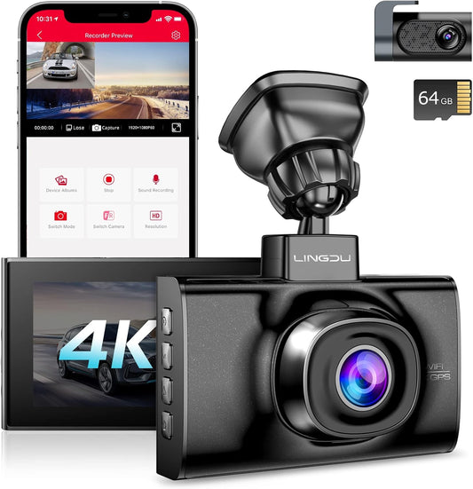 Lingdu LD02Lite 4K+1080P Front and Rear Dash Cam | Voice Control | 5G WiFi | GPS | Parking Monitor | 170° Wide Angle | Night Vision | Loop Recording | G-Sensor | 64GB Card Included