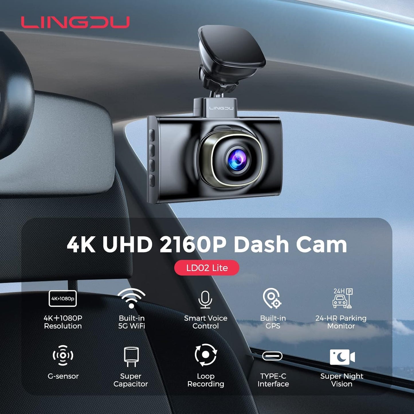 Lingdu LD02Lite 4K+1080P Front and Rear Dash Cam | Voice Control | 5G WiFi | GPS | Parking Monitor | 170° Wide Angle | Night Vision | Loop Recording | G-Sensor | 64GB Card Included