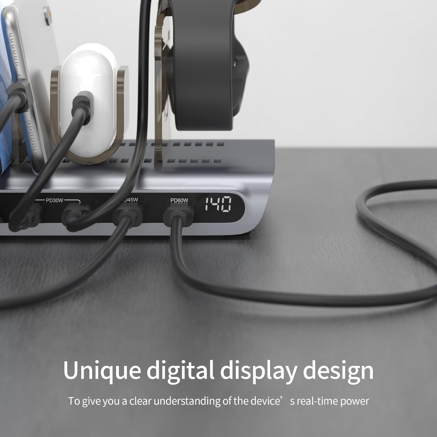 UNITEK 140W USB-C Charging Station for Multiple Devices | Fast Charging Stand with Digital Display | Laptop/iPad/iPhone Charging Dock | Smartwatch & AirPods Holder