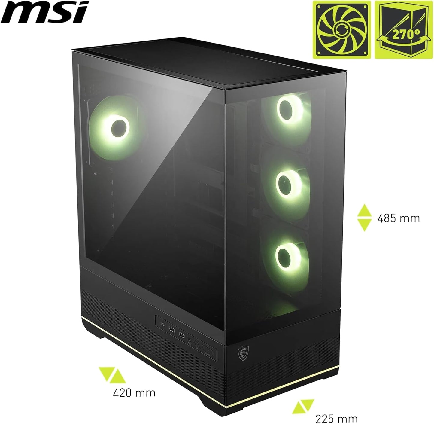MSI MAG PANO 110R PZ | 270° Panoramic Mid-Tower ATX Case | 400 mm GPU / 160 mm CPU Cooler | USB-C 20 Gbps | 4 ARGB Fans