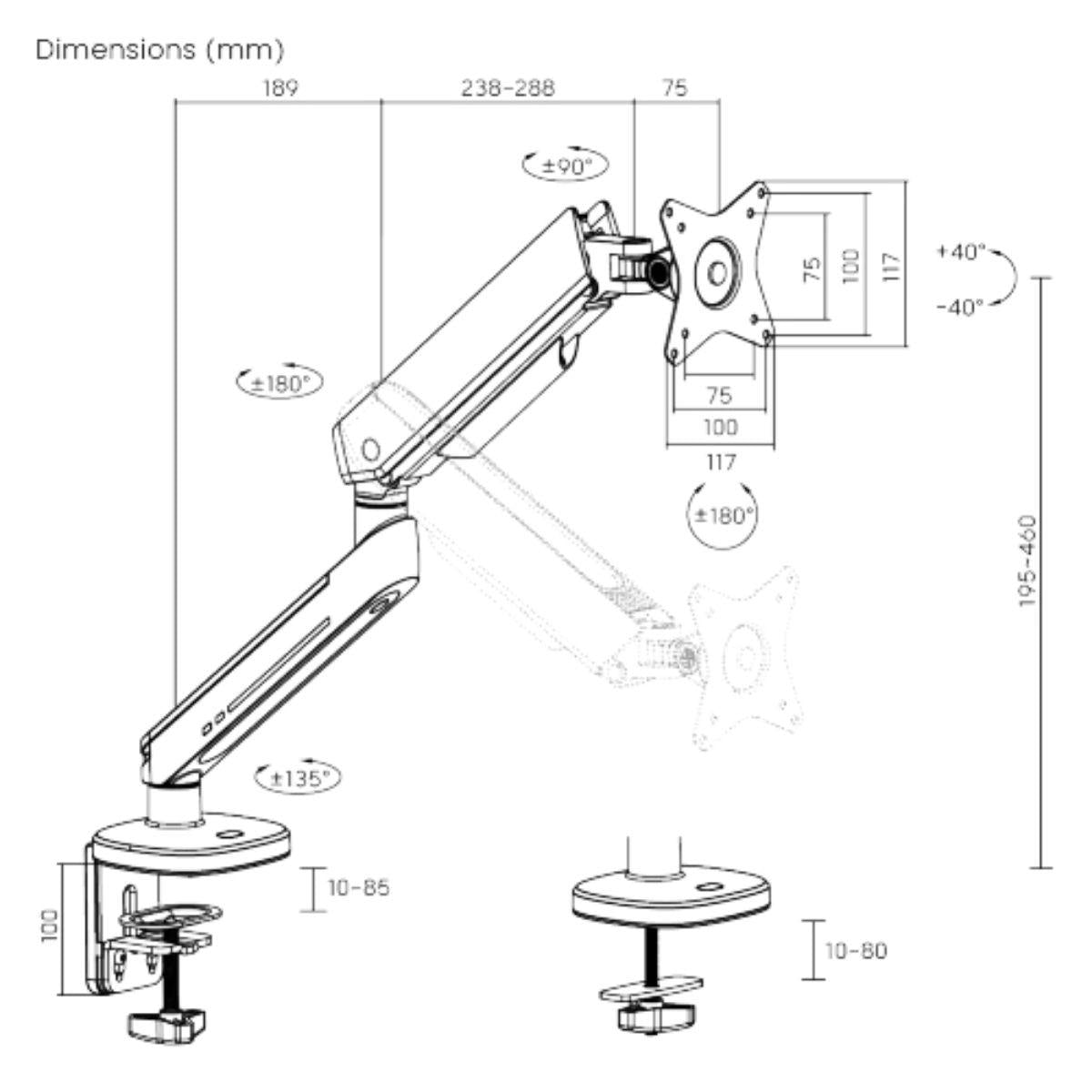 Avetron MA100 Gaming Monitor Arm – Spring‑Assisted, 27″–45″, Clamp & Grommet