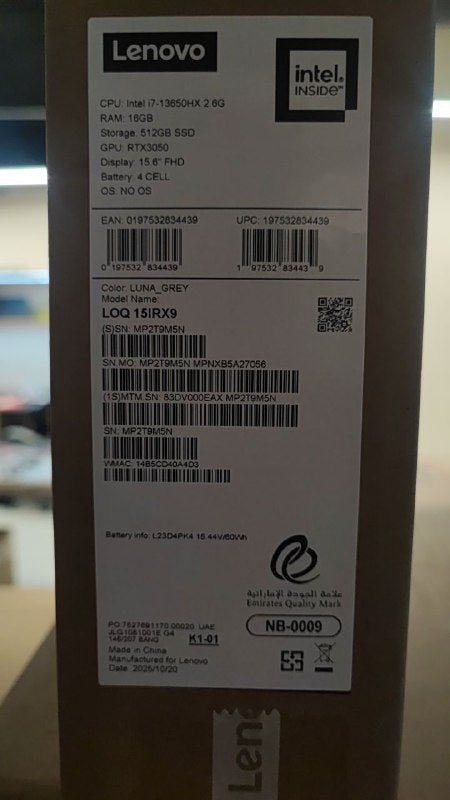 Lenovo LOQ 15IRX9 | (0EAX) Intel Core i7-13650HX | RAM 16GB | SSD 512GB | RTX 3050 6GB | 15.6 Inch FHD IPS 144Hz | Luna Gray