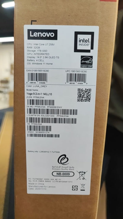 Lenovo Yoga 9 Aura Edition 14ILL10 | (13AX) Intel Core Ultra 7-258V | RAM 32GB | SSD 1TB | Intel Arc Graphics 140V | 14 Inch WQXGA+ OLED 120Hz Touch | Luna Grey