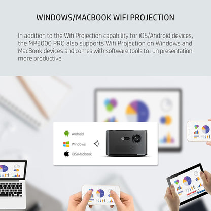 HP MP2000 PRO Full HD Smart Projector – 2,000 LED Lumens, Auto Focus, Wi-Fi/Bluetooth, HDMI ARC