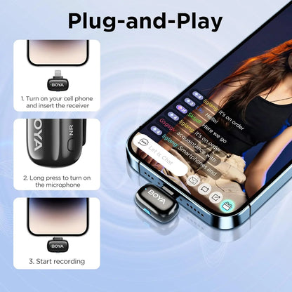 BOYA Mini-16 Ultra-Compact 2.4 GHz Wireless Microphone System | Lightning Connector for iOS | 48 kHz/16-Bit Audio | 6 h Battery