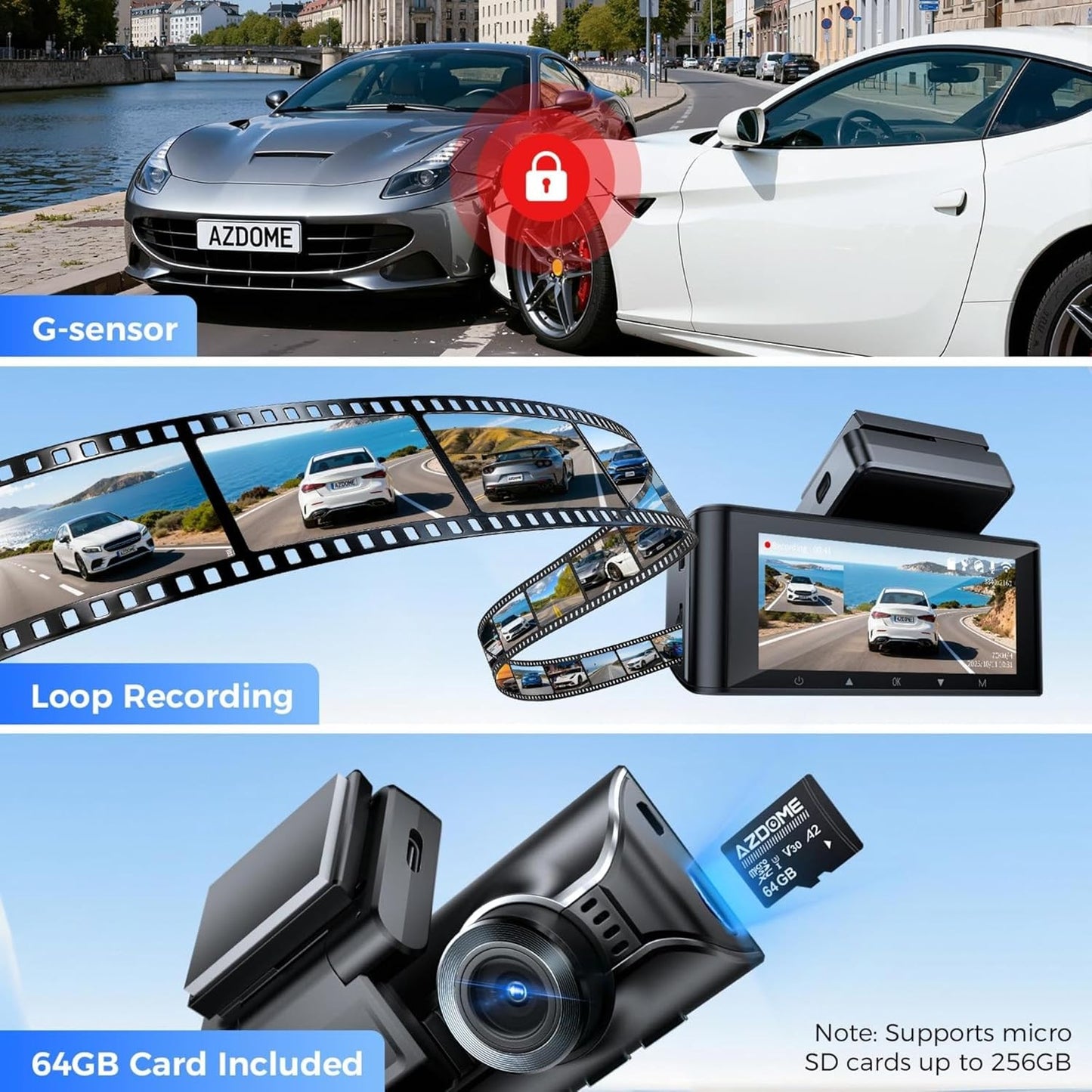 AZDome M550 Pro 2CH 4K Dash Cam with 3.19” IPS Screen | Dual Channel Front & Rear Recording | Built-in GPS & 5G WiFi | IR Night Vision | 24H Parking Mode | Parking Monitor & G-Sensor