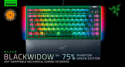 Razer BlackWidow V4 75% Phantom Green Editon - Hot-swappable Mechanical Gaming Keyboard (Orange Tactile Switches, media roller with 2 dedicated media buttons) US Layout