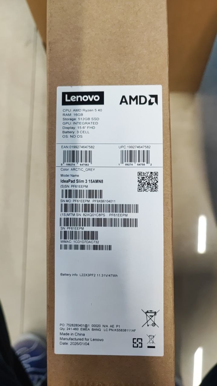 Lenovo IdeaPad Slim 3 15AMN8 | (C8PS) AMD Ryzen 5 40 | RAM 16GB | SSD 512GB | Radeon Graphics | 15.6 FHD IPS | Arctic Grey