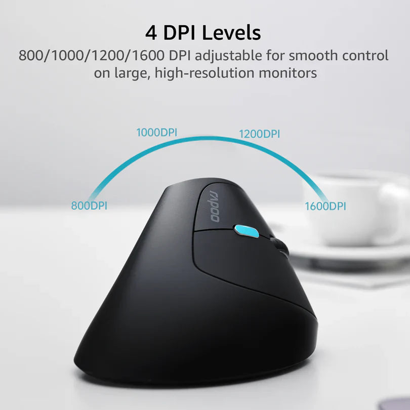 Rapoo EV250 Wireless Ergonomic Vertical Mouse | 2.4GHz Silent Click Optical Mouse | Adjustable 800-1600 DPI | 6 Buttons | Nano USB Receiver | Up to 9-Month Battery Life | Ergonomic Right-Hand Design for PC & Laptop
