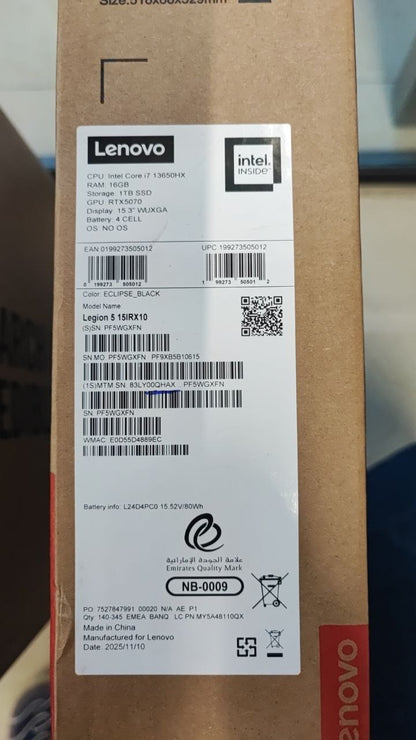 Lenovo Legion Pro 5 15IRX10 | (QHAX) Intel Core i7-13650HX | RAM 16GB | SSD 1TB | RTX 5070 8GB | 15.3 Inch WUXGA IPS 165Hz | Eclipse Black