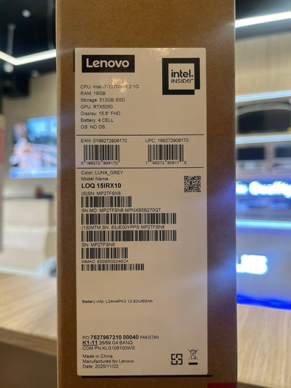 Lenovo LOQ 15IRX10 | (YPPS) Intel Core i7-13700HX | RAM 16GB | SSD 512GB | RTX 5050 8GB | 15.6 Inch Inch FHD IPS 144Hz | Luna Grey
