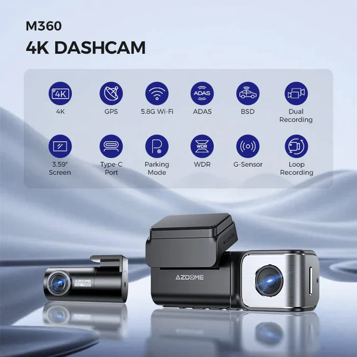 AZDome M360 2CH 4K Dash Cam with WiFi & GPS | Dual Channel Front & Rear Dashboard Camera | UHD 2160P Recording | 64GB Included | Night Vision | Parking Monitor | G-Sensor | Loop Recording