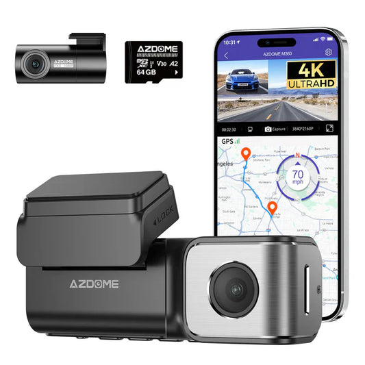 AZDome M360 2CH 4K Dash Cam with WiFi & GPS | Dual Channel Front & Rear Dashboard Camera | UHD 2160P Recording | 64GB Included | Night Vision | Parking Monitor | G-Sensor | Loop Recording