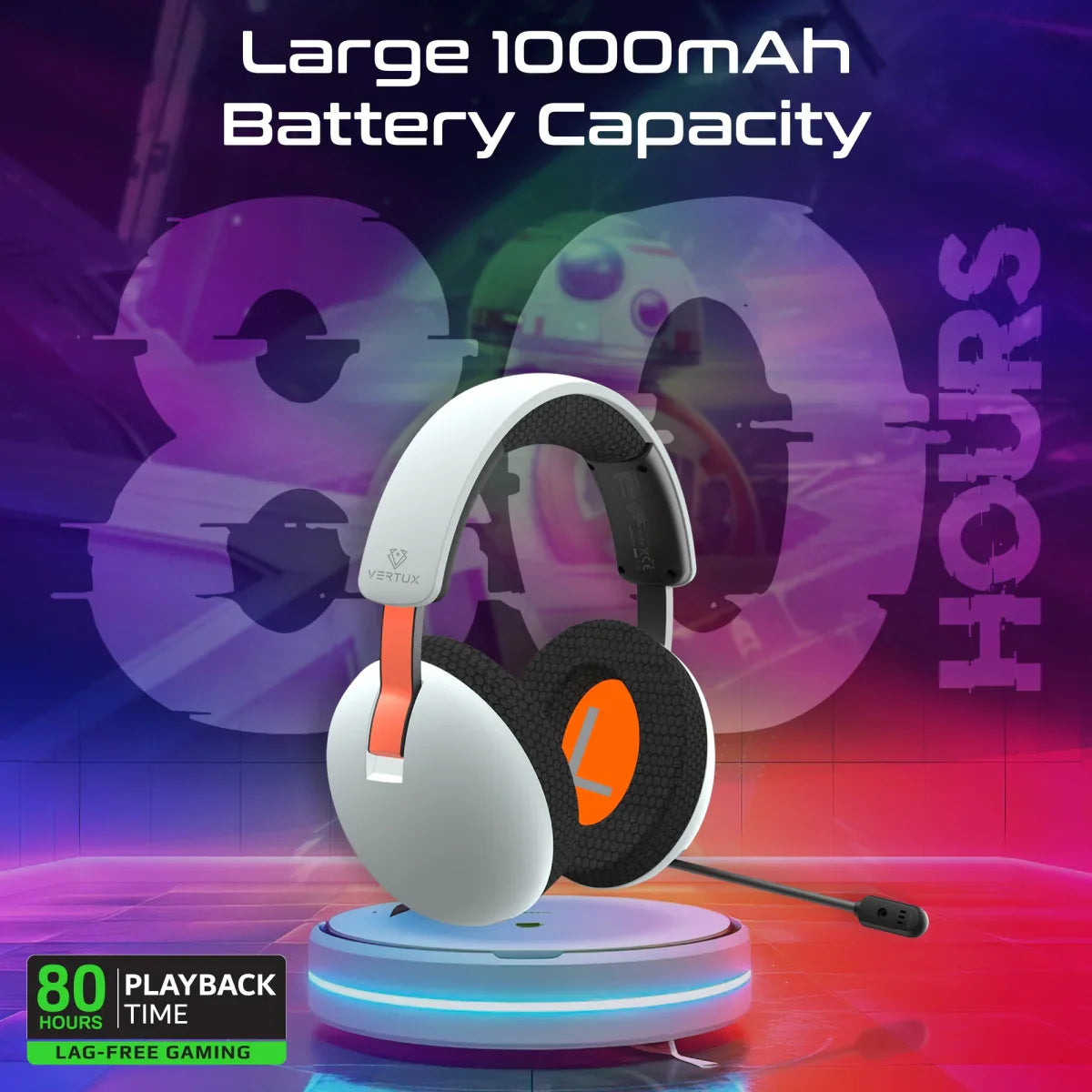 Vertux BB-8 Gaming Headset – Tri-Mode Connectivity, 50mm Drivers, Retractable Mic, 80H Bluetooth Playtime