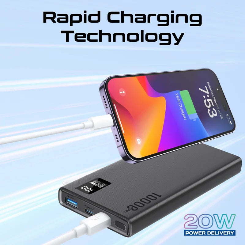 Promate Bolt-10PD Compact Smart Charging Power Bank 10 | 000 mAh with 20W PD Dual USB-C and 22.5W USB-A Ports