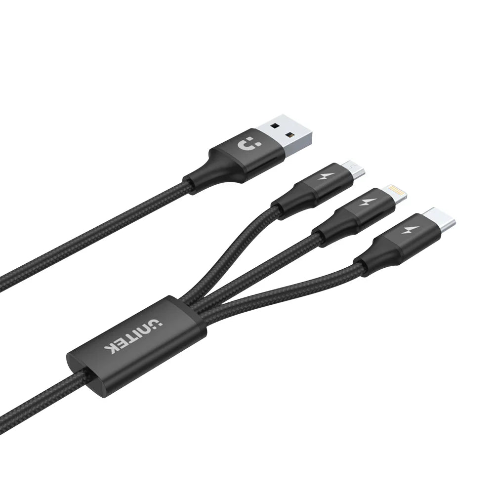 Unitek 3-in-1 USB-A to USB-C/Micro USB/Lightning Charging Cable | 1.2m | 2.4A Fast Charge | Nylon Braided | Tangle-Free | Compatible with iOS & Android Devices