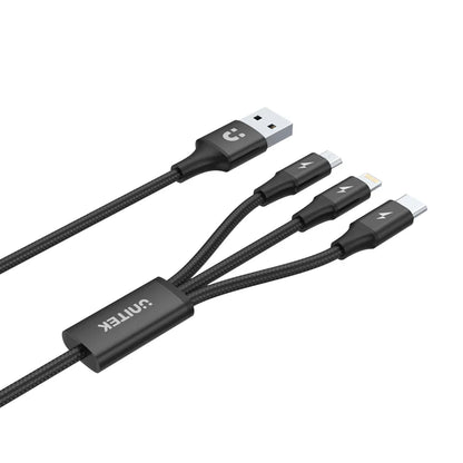 Unitek 3-in-1 USB-A to USB-C/Micro USB/Lightning Charging Cable | 1.2m | 2.4A Fast Charge | Nylon Braided | Tangle-Free | Compatible with iOS & Android Devices