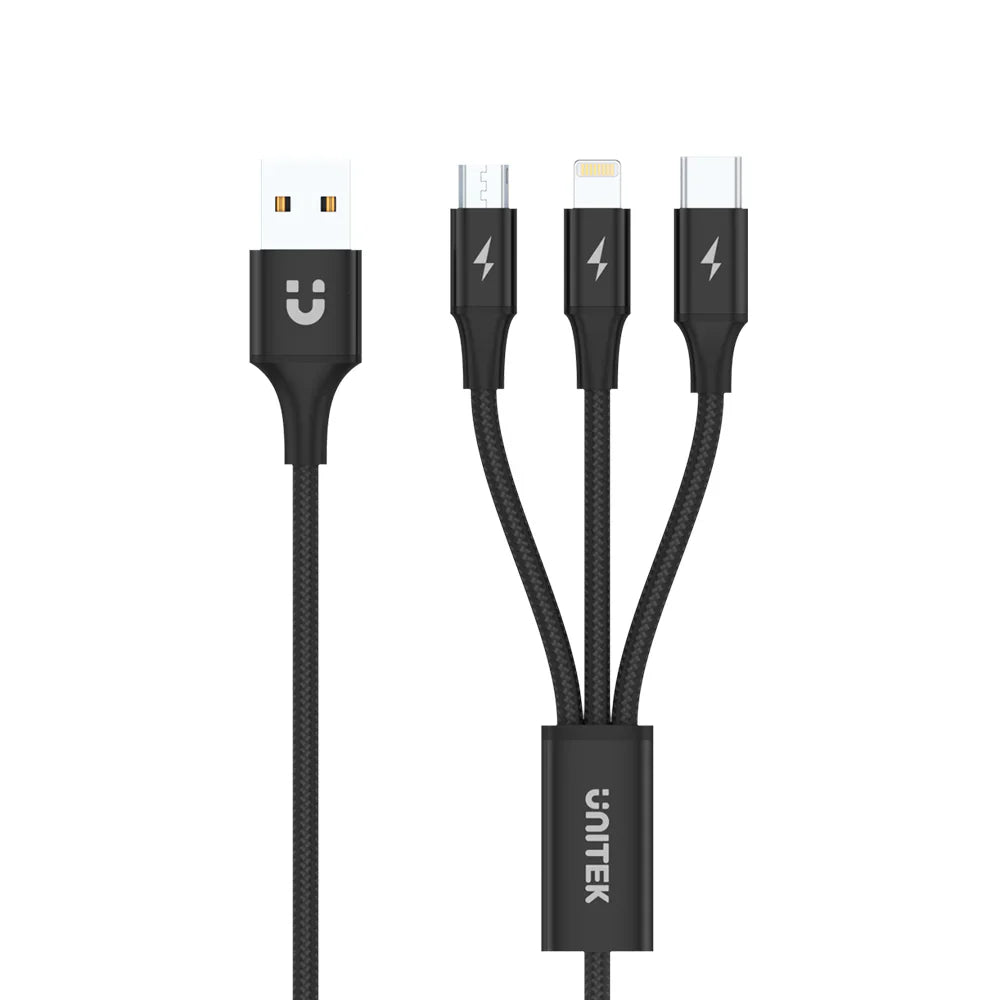 Unitek 3-in-1 USB-A to USB-C/Micro USB/Lightning Charging Cable | 1.2m | 2.4A Fast Charge | Nylon Braided | Tangle-Free | Compatible with iOS & Android Devices