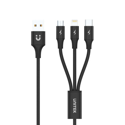 Unitek 3-in-1 USB-A to USB-C/Micro USB/Lightning Charging Cable | 1.2m | 2.4A Fast Charge | Nylon Braided | Tangle-Free | Compatible with iOS & Android Devices