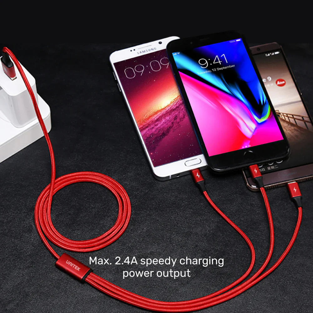 Unitek 3-in-1 USB-A to USB-C/Micro USB/Lightning Charging Cable | 1.2m | 2.4A Fast Charge | Nylon Braided | Tangle-Free | Compatible with iOS & Android Devices