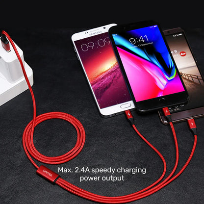 Unitek 3-in-1 USB-A to USB-C/Micro USB/Lightning Charging Cable | 1.2m | 2.4A Fast Charge | Nylon Braided | Tangle-Free | Compatible with iOS & Android Devices