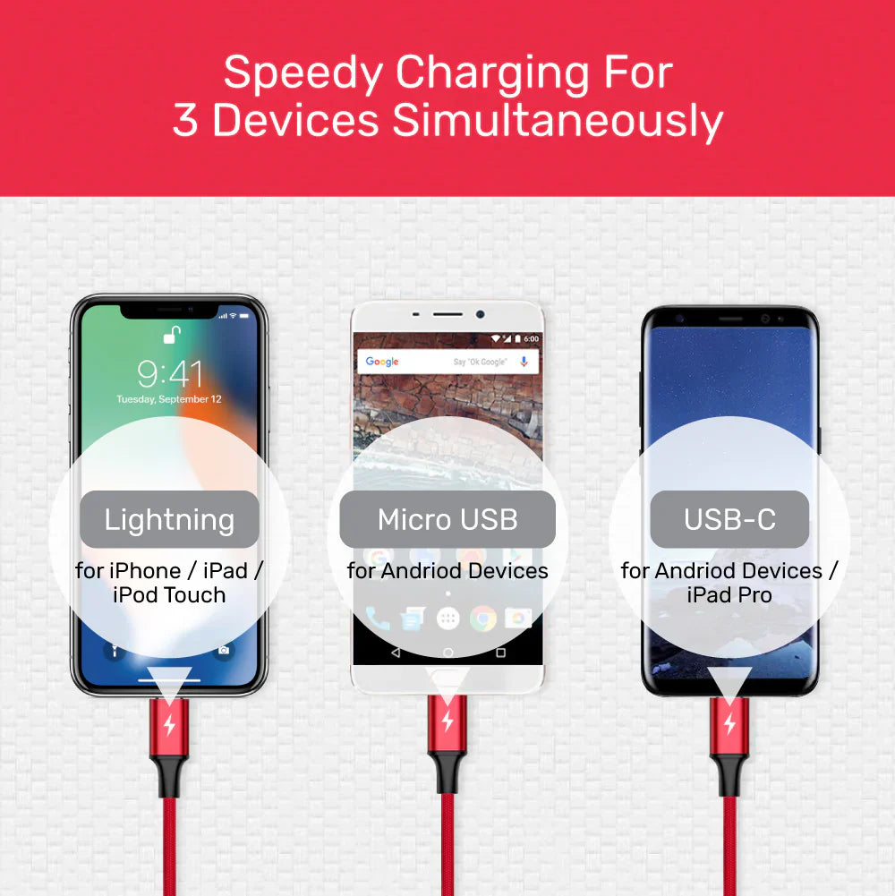 Unitek 3-in-1 USB-A to USB-C/Micro USB/Lightning Charging Cable | 1.2m | 2.4A Fast Charge | Nylon Braided | Tangle-Free | Compatible with iOS & Android Devices