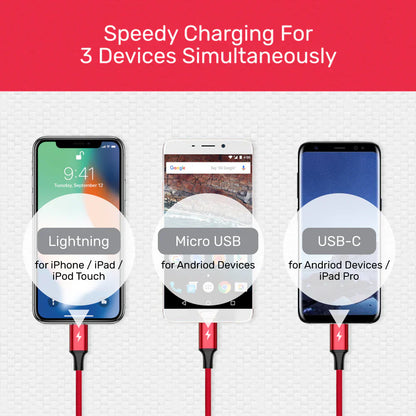 Unitek 3-in-1 USB-A to USB-C/Micro USB/Lightning Charging Cable | 1.2m | 2.4A Fast Charge | Nylon Braided | Tangle-Free | Compatible with iOS & Android Devices