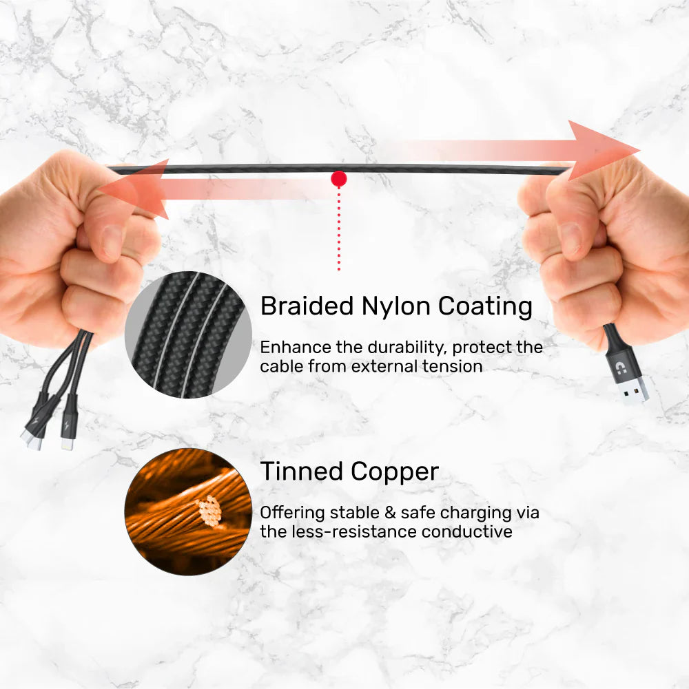 Unitek 3-in-1 USB-A to USB-C/Micro USB/Lightning Charging Cable | 1.2m | 2.4A Fast Charge | Nylon Braided | Tangle-Free | Compatible with iOS & Android Devices