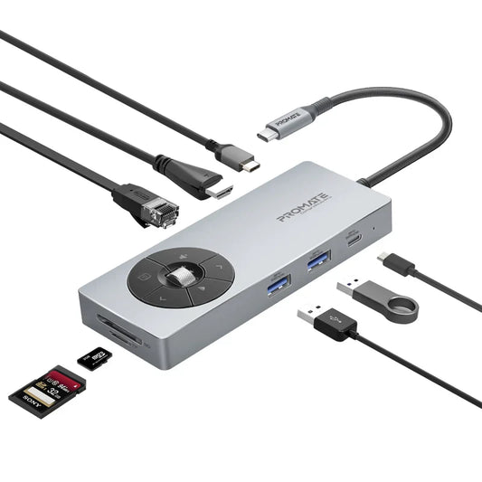 Promate ComandHub‑Pro 14‑in‑1 USB‑C Hub | 100 W PD Input | 4K@60 Hz HDMI | GbE | Dual 5 Gbps USB‑A/C | SD+TF Cards | Multimedia Control Dial