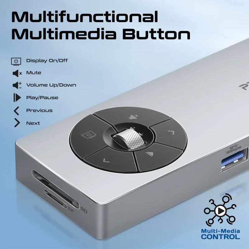 Promate ComandHub‑Pro 14‑in‑1 USB‑C Hub | 100 W PD Input | 4K@60 Hz HDMI | GbE | Dual 5 Gbps USB‑A/C | SD+TF Cards | Multimedia Control Dial