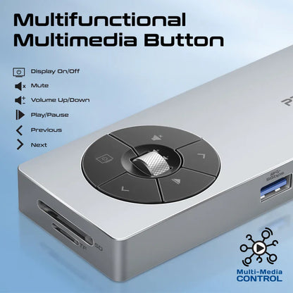 Promate ComandHub‑Pro 14‑in‑1 USB‑C Hub | 100 W PD Input | 4K@60 Hz HDMI | GbE | Dual 5 Gbps USB‑A/C | SD+TF Cards | Multimedia Control Dial
