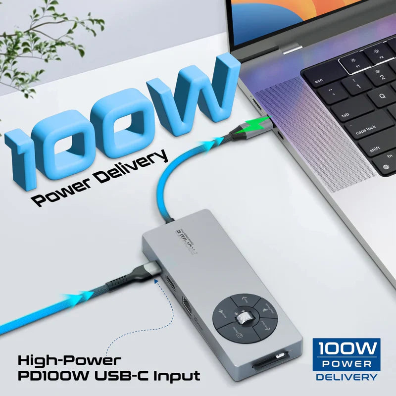 Promate ComandHub‑Pro 14‑in‑1 USB‑C Hub | 100 W PD Input | 4K@60 Hz HDMI | GbE | Dual 5 Gbps USB‑A/C | SD+TF Cards | Multimedia Control Dial