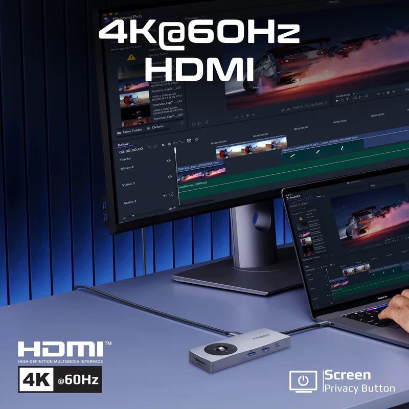 Promate ComandHub‑Pro 14‑in‑1 USB‑C Hub | 100 W PD Input | 4K@60 Hz HDMI | GbE | Dual 5 Gbps USB‑A/C | SD+TF Cards | Multimedia Control Dial