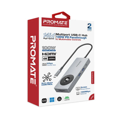 Promate ComandHub‑Pro 14‑in‑1 USB‑C Hub | 100 W PD Input | 4K@60 Hz HDMI | GbE | Dual 5 Gbps USB‑A/C | SD+TF Cards | Multimedia Control Dial