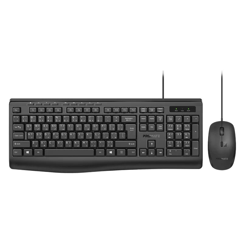 Promate Combo-CM4 ErgoComfort™ Wired Keyboard with Media Keys and 2400 DPI Mouse.EN/AR