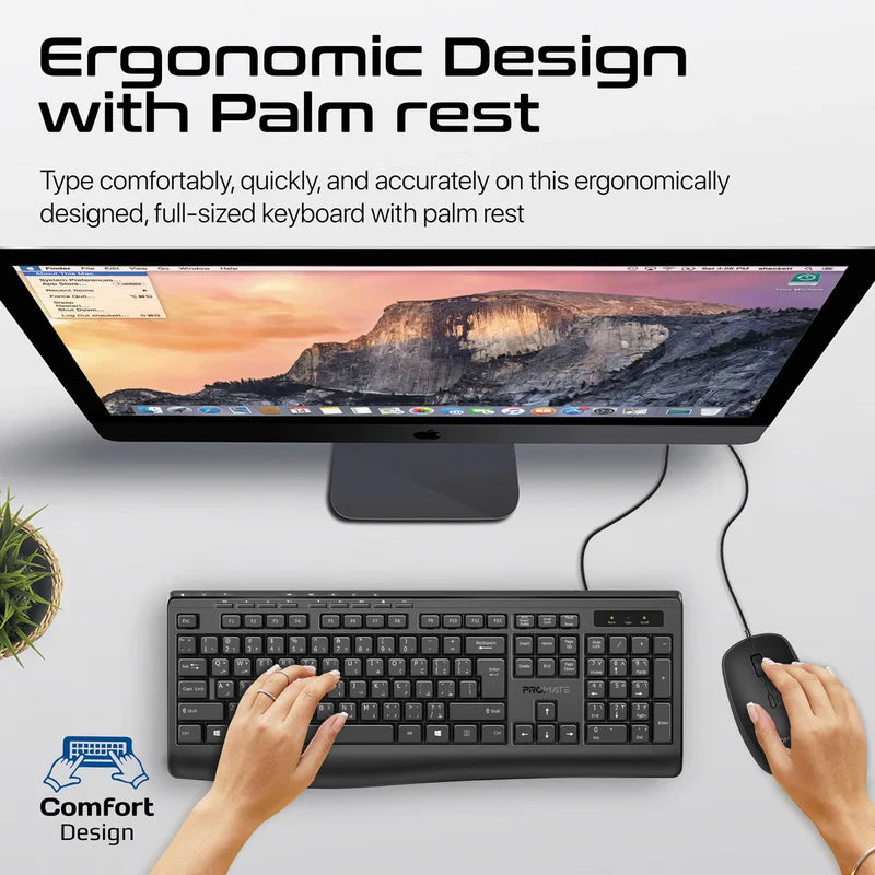 Promate Combo-CM4 ErgoComfort™ Wired Keyboard with Media Keys and 2400 DPI Mouse.EN/AR