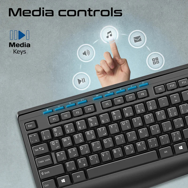 Promate Combo-CM4 ErgoComfort™ Wired Keyboard with Media Keys and 2400 DPI Mouse.EN/AR
