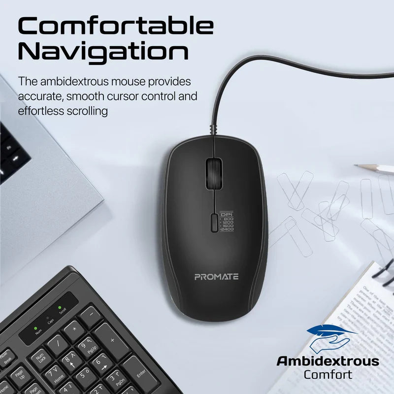 Promate Combo-CM4 ErgoComfort™ Wired Keyboard with Media Keys and 2400 DPI Mouse.EN/AR