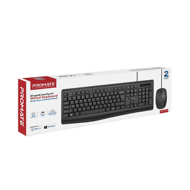 Promate Combo-CM4 ErgoComfort™ Wired Keyboard with Media Keys and 2400 DPI Mouse.EN/AR