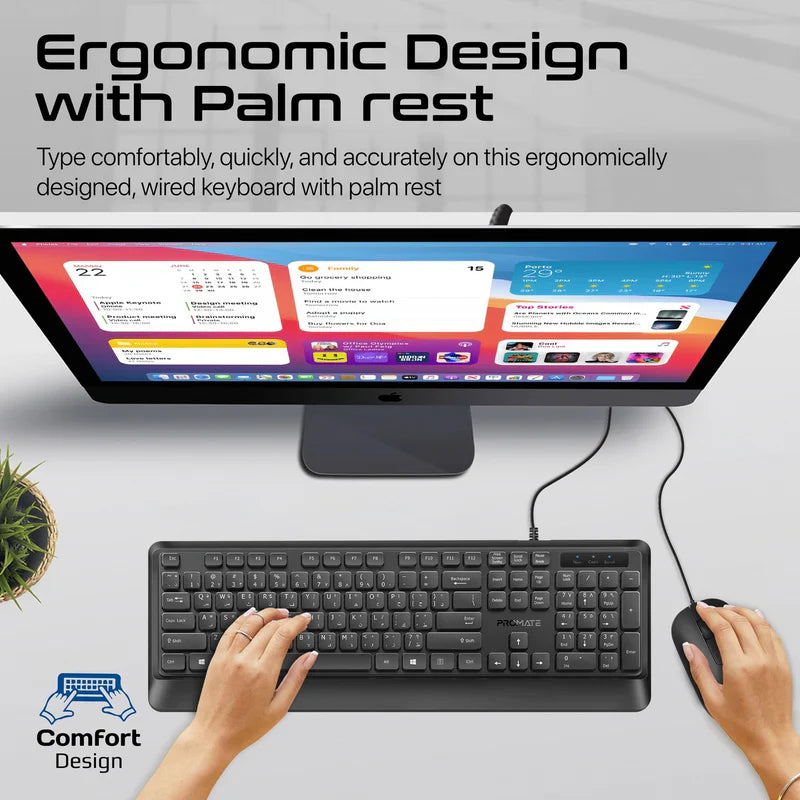 Promate combo-cm5 Ergonomic Wired Slim Keyboard with Palm Rest and 2400 DPI Mouse