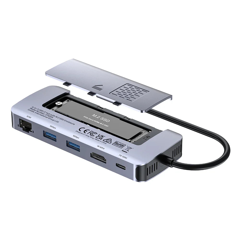 Unitek 6-in-1 USB-C Hub with M.2 SSD Enclosure | HDMI 4K@60Hz | 2x USB-A 10Gbps | USB-C PD 100W | Supports M.2 NVMe/SATA SSDs | Aluminum Alloy | Plug & Play