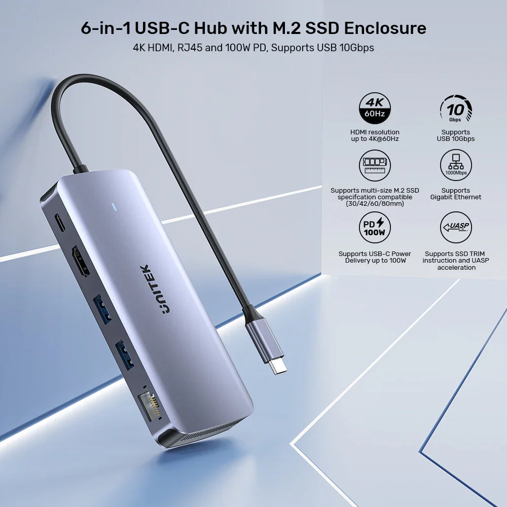 Unitek 6-in-1 USB-C Hub with M.2 SSD Enclosure | HDMI 4K@60Hz | 2x USB-A 10Gbps | USB-C PD 100W | Supports M.2 NVMe/SATA SSDs | Aluminum Alloy | Plug & Play