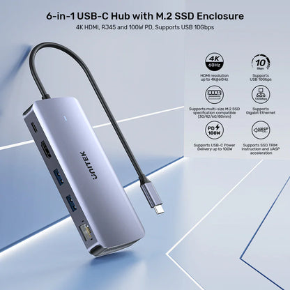 Unitek 6-in-1 USB-C Hub with M.2 SSD Enclosure | HDMI 4K@60Hz | 2x USB-A 10Gbps | USB-C PD 100W | Supports M.2 NVMe/SATA SSDs | Aluminum Alloy | Plug & Play