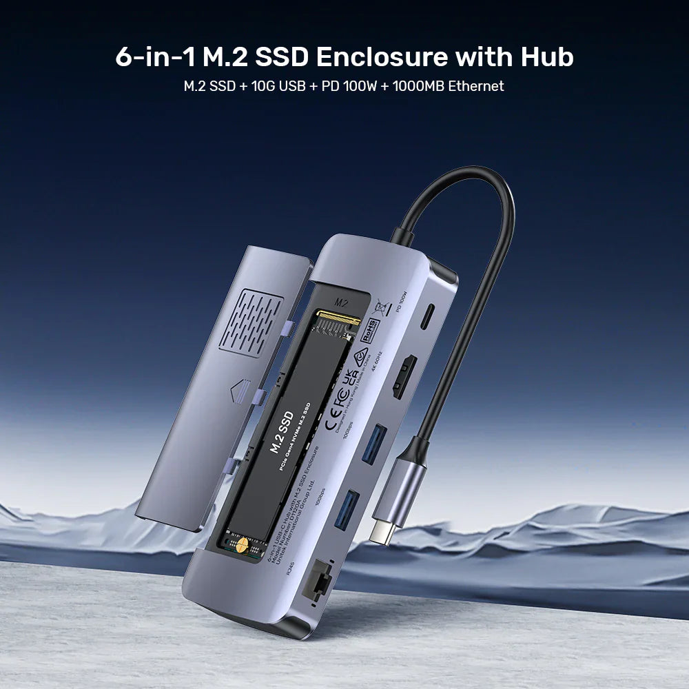 Unitek 6-in-1 USB-C Hub with M.2 SSD Enclosure | HDMI 4K@60Hz | 2x USB-A 10Gbps | USB-C PD 100W | Supports M.2 NVMe/SATA SSDs | Aluminum Alloy | Plug & Play