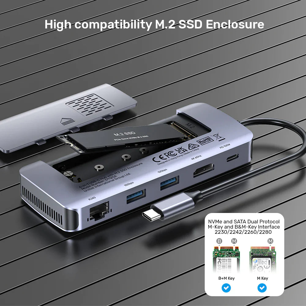 Unitek 6-in-1 USB-C Hub with M.2 SSD Enclosure | HDMI 4K@60Hz | 2x USB-A 10Gbps | USB-C PD 100W | Supports M.2 NVMe/SATA SSDs | Aluminum Alloy | Plug & Play