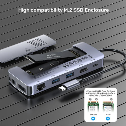 Unitek 6-in-1 USB-C Hub with M.2 SSD Enclosure | HDMI 4K@60Hz | 2x USB-A 10Gbps | USB-C PD 100W | Supports M.2 NVMe/SATA SSDs | Aluminum Alloy | Plug & Play