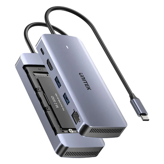 Unitek 6-in-1 USB-C Hub with M.2 SSD Enclosure | HDMI 4K@60Hz | 2x USB-A 10Gbps | USB-C PD 100W | Supports M.2 NVMe/SATA SSDs | Aluminum Alloy | Plug & Play